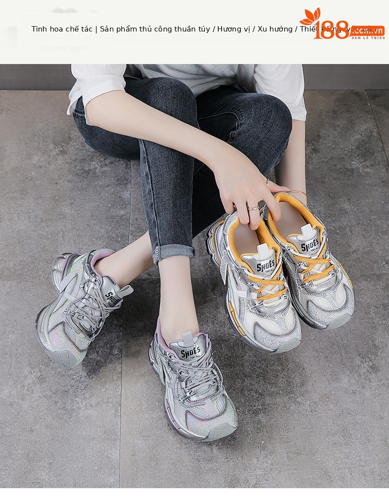 Giày sneaker nữ chunky đế dày, lưới thoáng khí, phối đá đính, phong cách thể thao — màu xám chi tiết 1