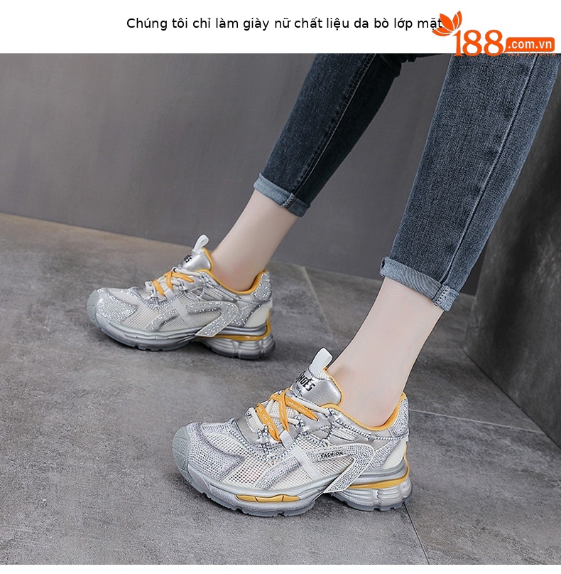 Giày sneaker nữ chunky đế dày, lưới thoáng khí, phối đá đính, phong cách thể thao — màu xám chi tiết 2