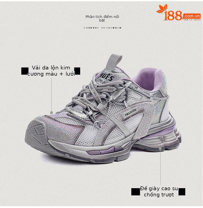 Giày sneaker nữ chunky đế dày, lưới thoáng khí, phối đá đính, phong cách thể thao — màu xám chi tiết 3