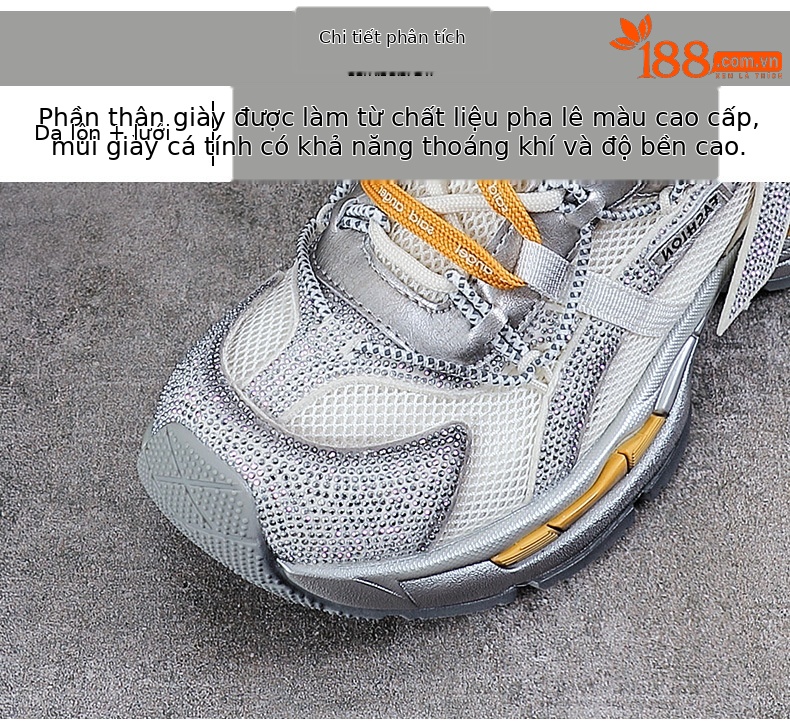 Giày sneaker nữ chunky đế dày, lưới thoáng khí, phối đá đính, phong cách thể thao — màu xám chi tiết 4
