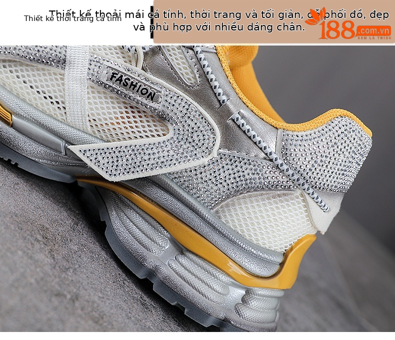 Giày sneaker nữ chunky đế dày, lưới thoáng khí, phối đá đính, phong cách thể thao — màu xám chi tiết 5