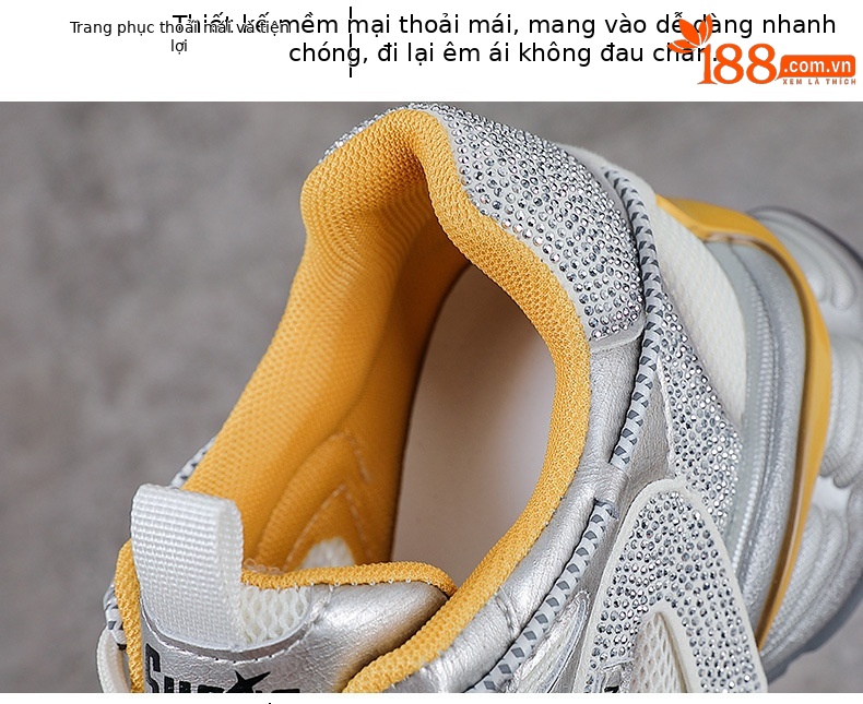 Giày sneaker nữ chunky đế dày, lưới thoáng khí, phối đá đính, phong cách thể thao — màu xám chi tiết 6
