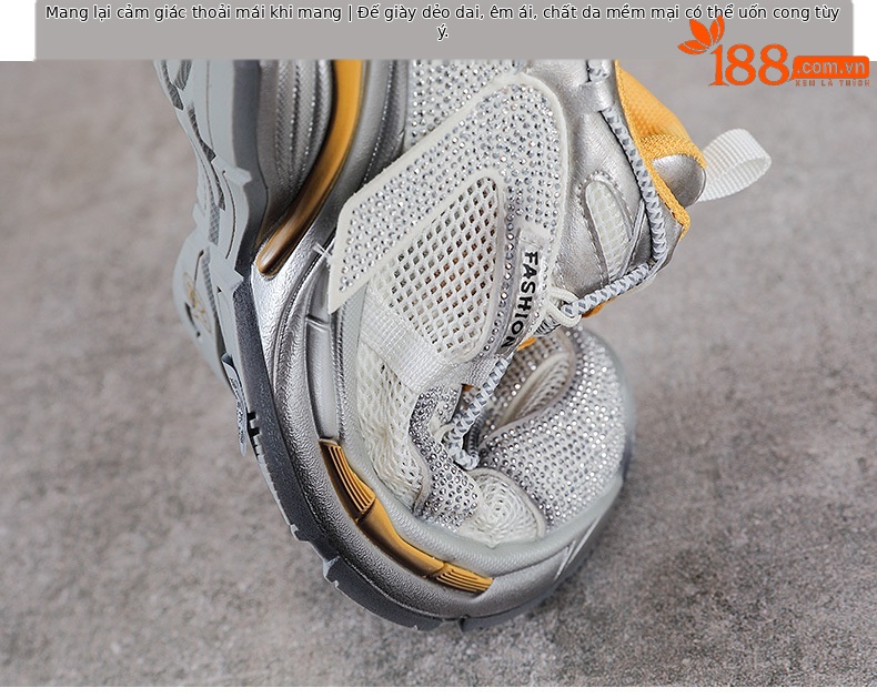 Giày sneaker nữ chunky đế dày, lưới thoáng khí, phối đá đính, phong cách thể thao — màu xám chi tiết 8