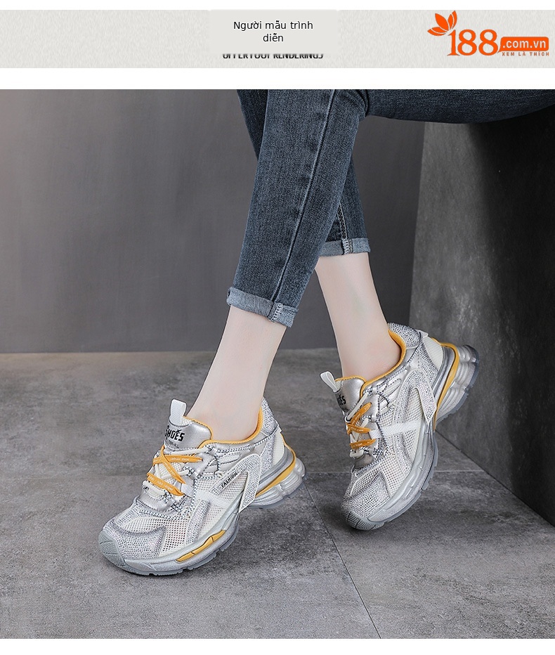 Giày sneaker nữ chunky đế dày, lưới thoáng khí, phối đá đính, phong cách thể thao — màu xám chi tiết 9