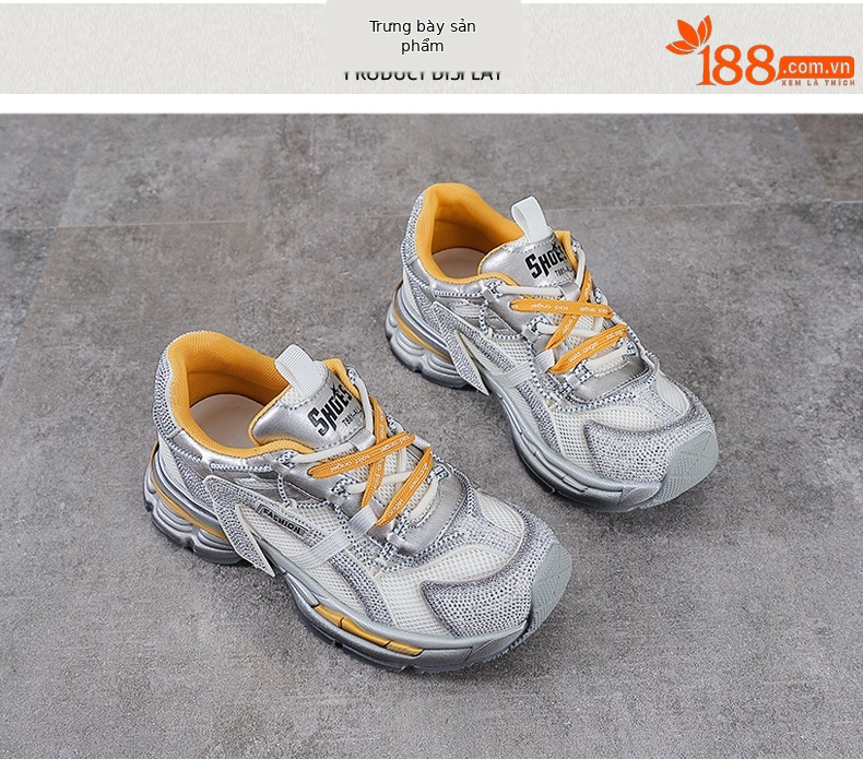 Giày sneaker nữ chunky đế dày, lưới thoáng khí, phối đá đính, phong cách thể thao — màu xám chi tiết 10