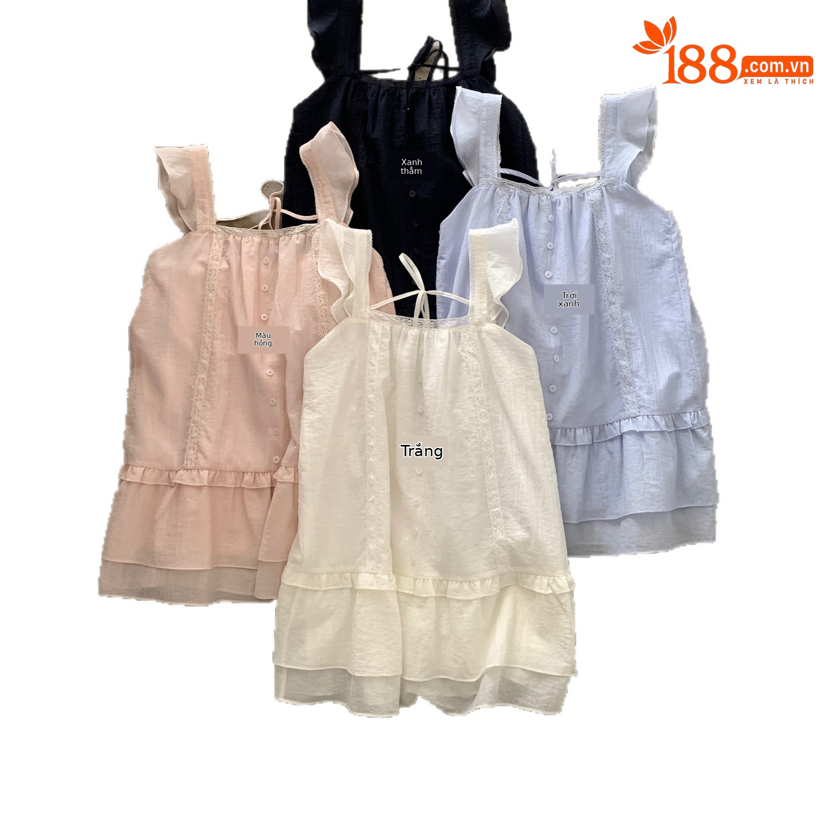 Áo hai dây phối ren xếp tầng phong cách đồng quê Pháp, tay lỡ xòe nhẹ, dáng suông thoải mái — xanh đậm, màu hồng, màu trắng, Xanh da trờicolor