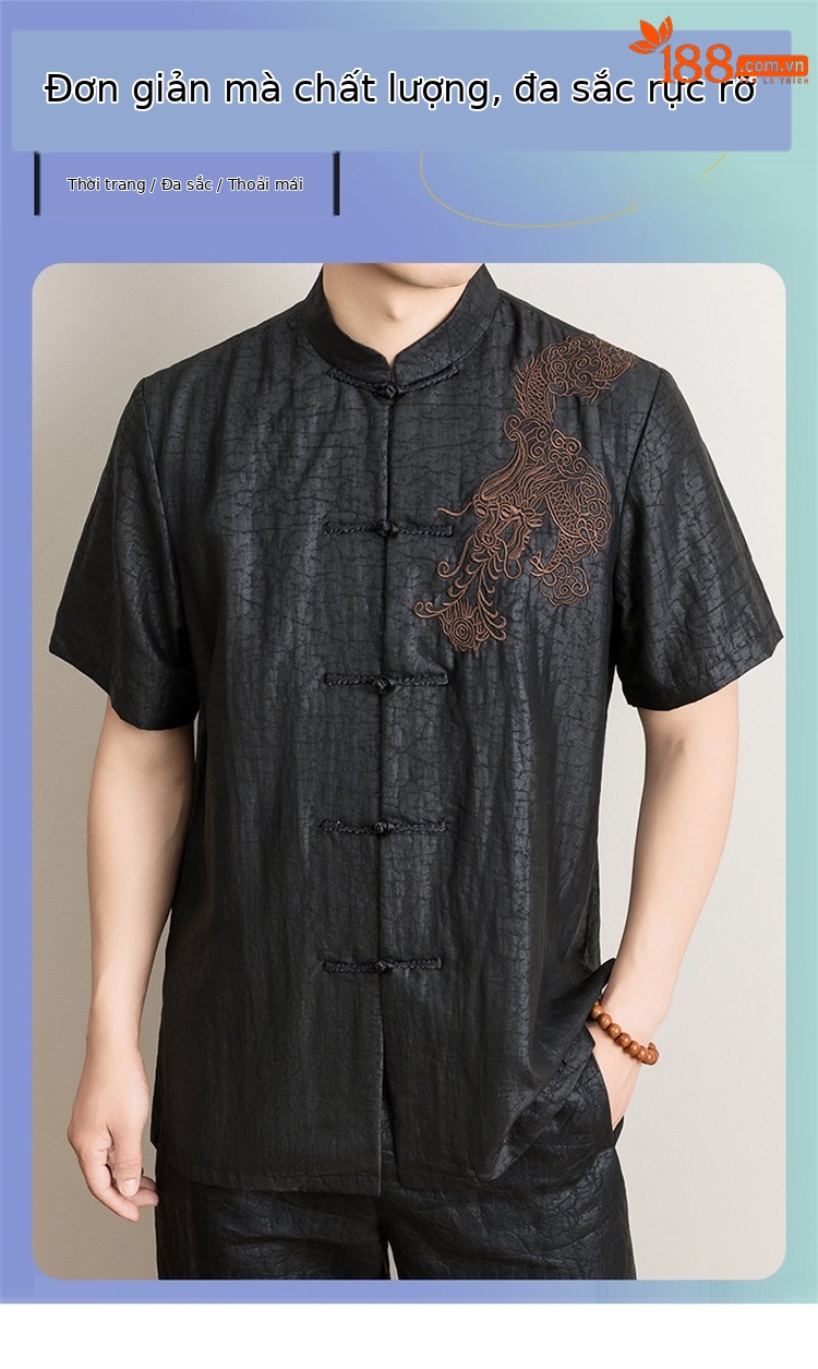 Áo sơ mi nữ tay ngắn cổ đứng lụa tơ tằm phong cách vintage — Da đen 8849 chi tiết 1