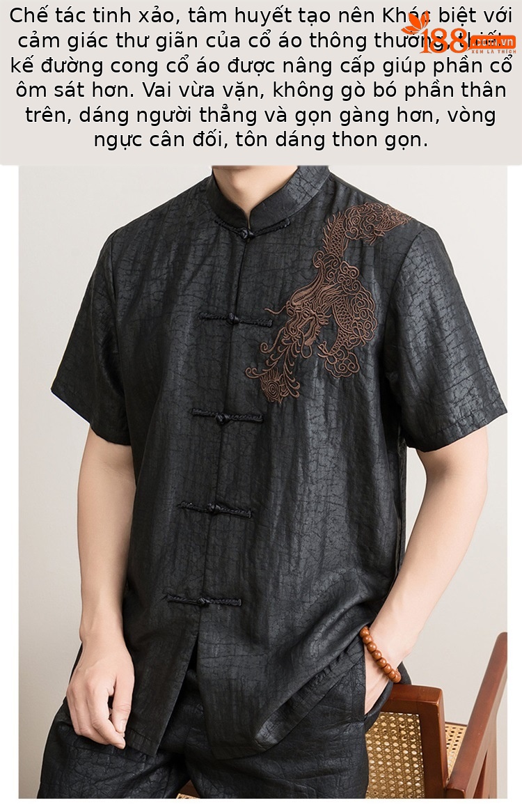 Áo sơ mi nữ tay ngắn cổ đứng lụa tơ tằm phong cách vintage — Da đen 8849 chi tiết 3