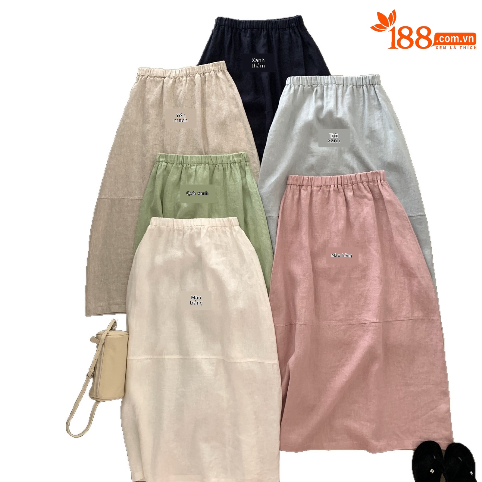 Chân váy midi linen cạp chun nữ phong cách Hàn Quốc — xanh đậm, màu trắng, màu xanh táo, yến mạch