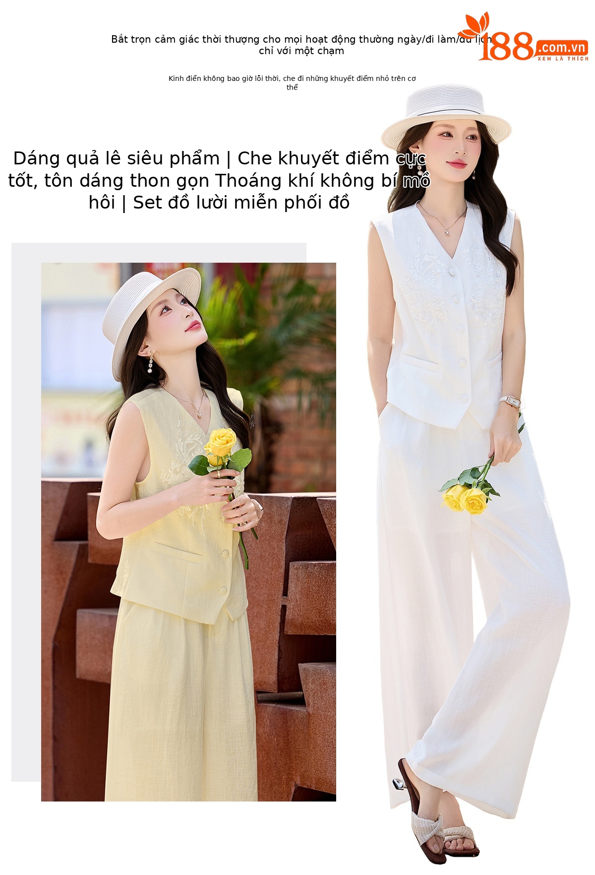 Bộ quần áo nữ mùa hè 2026 gồm áo thun cổ tròn và quần ống đứng — màu trắng, màu vàng chi tiết 2