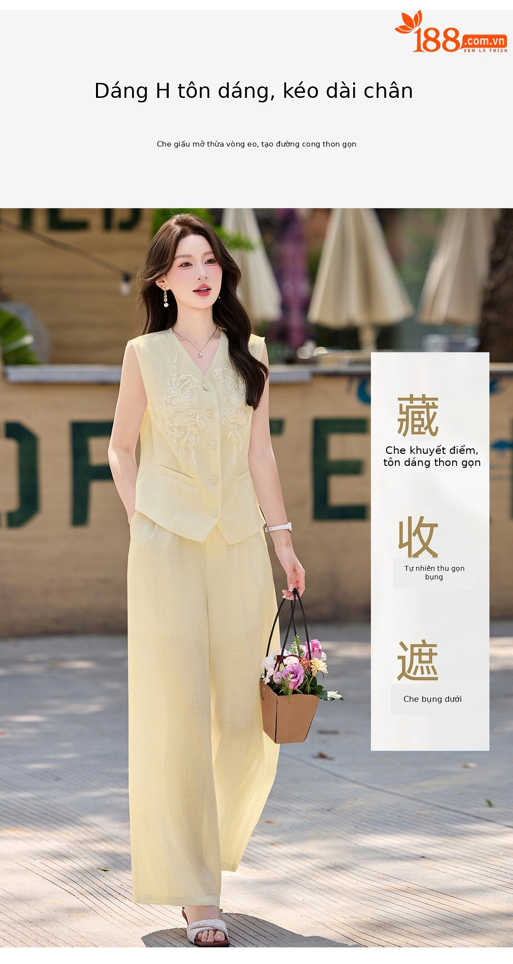 Bộ quần áo nữ mùa hè 2026 gồm áo thun cổ tròn và quần ống đứng — màu trắng, màu vàng chi tiết 6