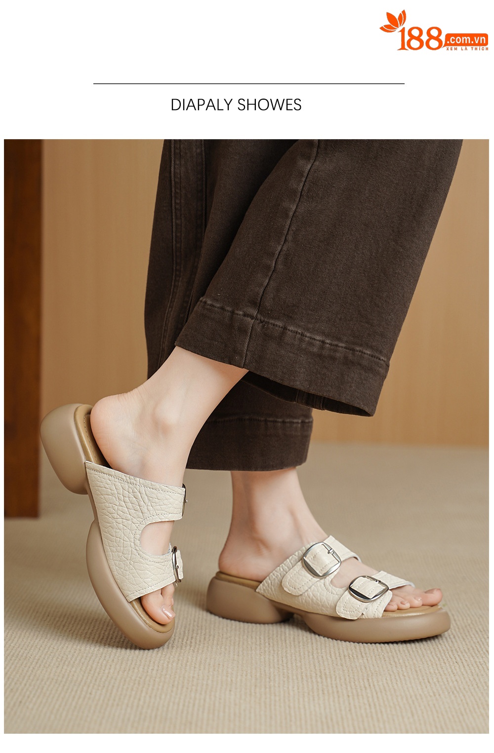 Dép sandal nữ quai chữ V đế dày da cừu khóa thắt lưng — Xám voi chi tiết 5