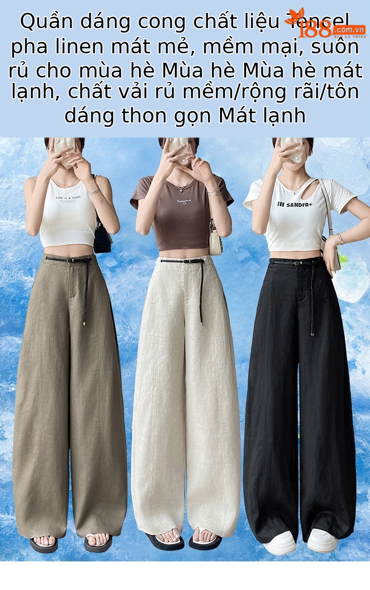 Quần ống rộng nữ chất liệu lanh pha lụa mỏng mùa hè dáng suông dài chạm đất — Màu đen thông thường chi tiết 1