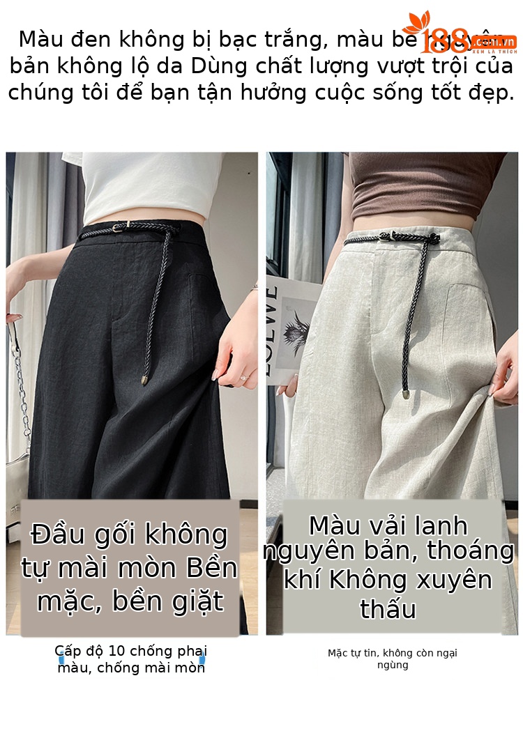 Quần ống rộng nữ chất liệu lanh pha lụa mỏng mùa hè dáng suông dài chạm đất — Màu đen thông thường chi tiết 7