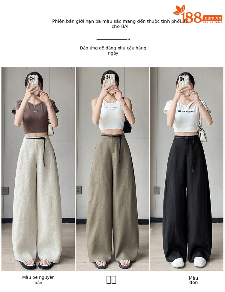 Quần ống rộng nữ chất liệu lanh pha lụa mỏng mùa hè dáng suông dài chạm đất — Màu đen thông thường chi tiết 26