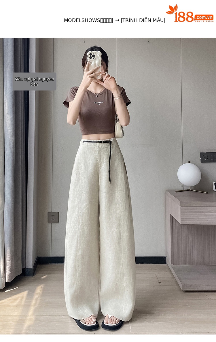 Quần ống rộng nữ chất liệu lanh pha lụa mỏng mùa hè dáng suông dài chạm đất — Màu đen thông thường chi tiết 28