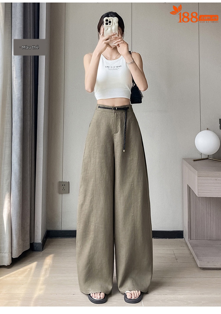 Quần ống rộng nữ chất liệu lanh pha lụa mỏng mùa hè dáng suông dài chạm đất — Màu đen thông thường chi tiết 32