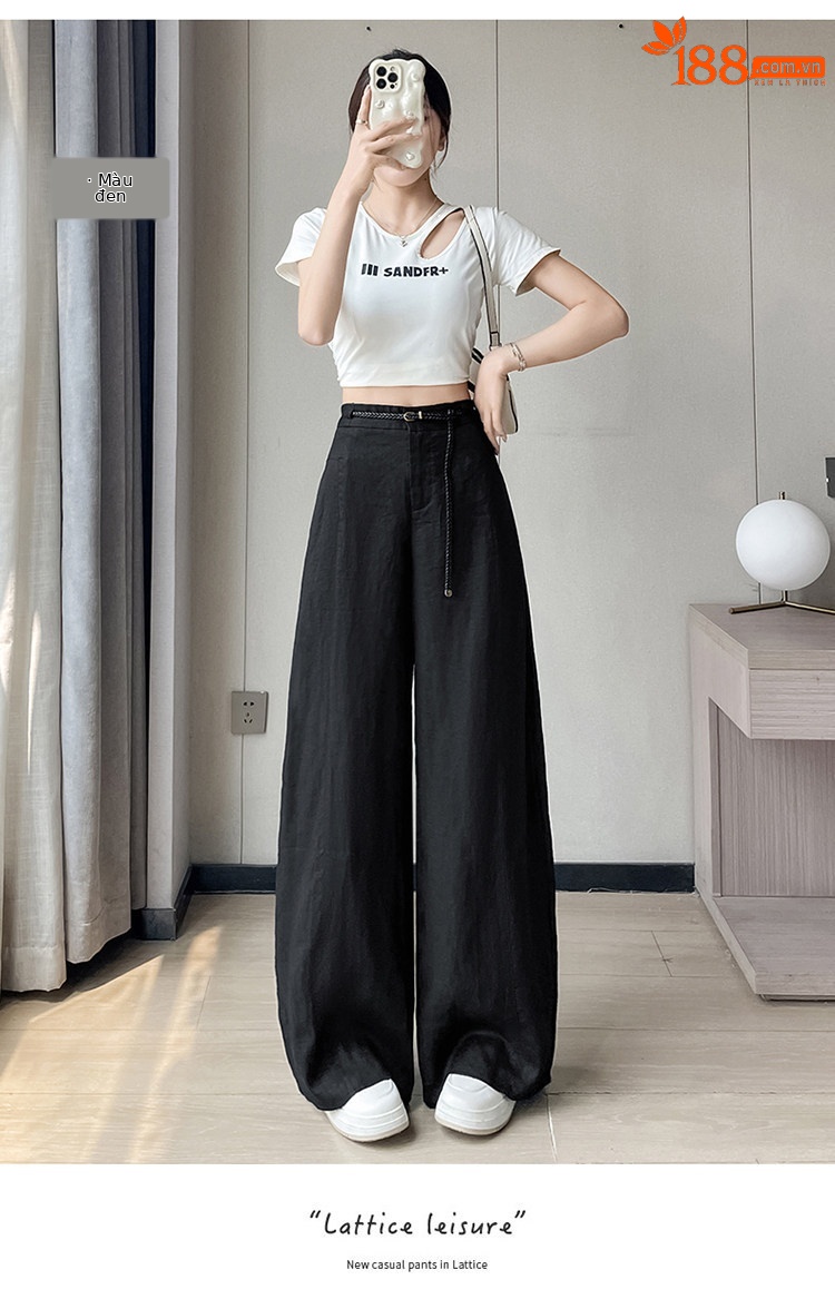 Quần ống rộng nữ chất liệu lanh pha lụa mỏng mùa hè dáng suông dài chạm đất — Màu đen thông thường chi tiết 35