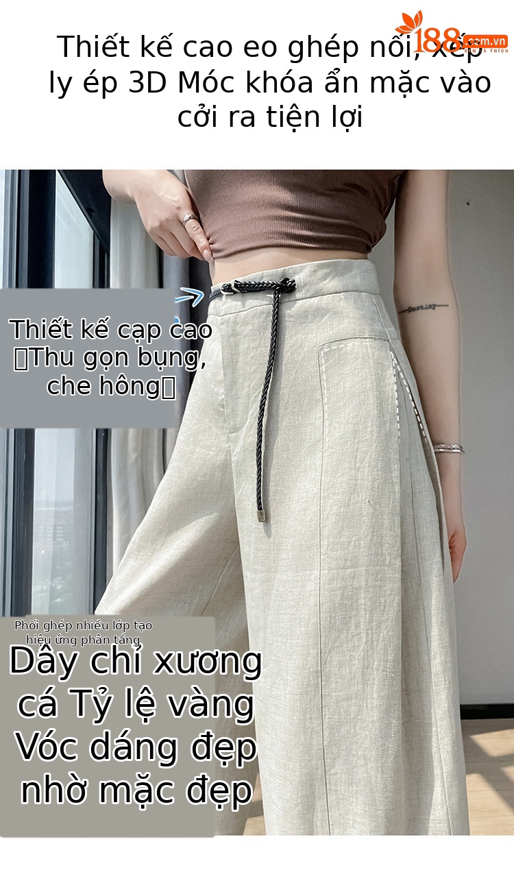 Quần ống rộng nữ chất liệu lanh pha lụa mỏng mùa hè dáng suông dài chạm đất — Màu đen thông thường chi tiết 3