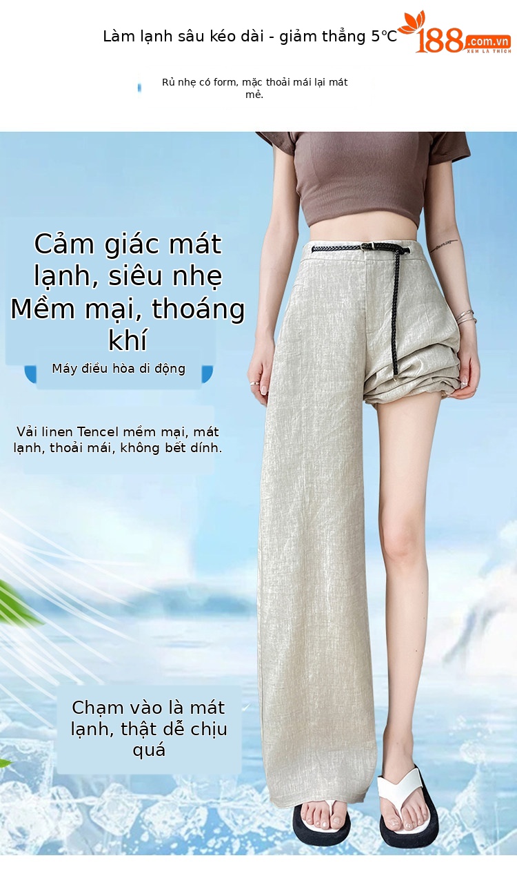 Quần ống rộng nữ chất liệu lanh pha lụa mỏng mùa hè dáng suông dài chạm đất — Màu đen thông thường chi tiết 5