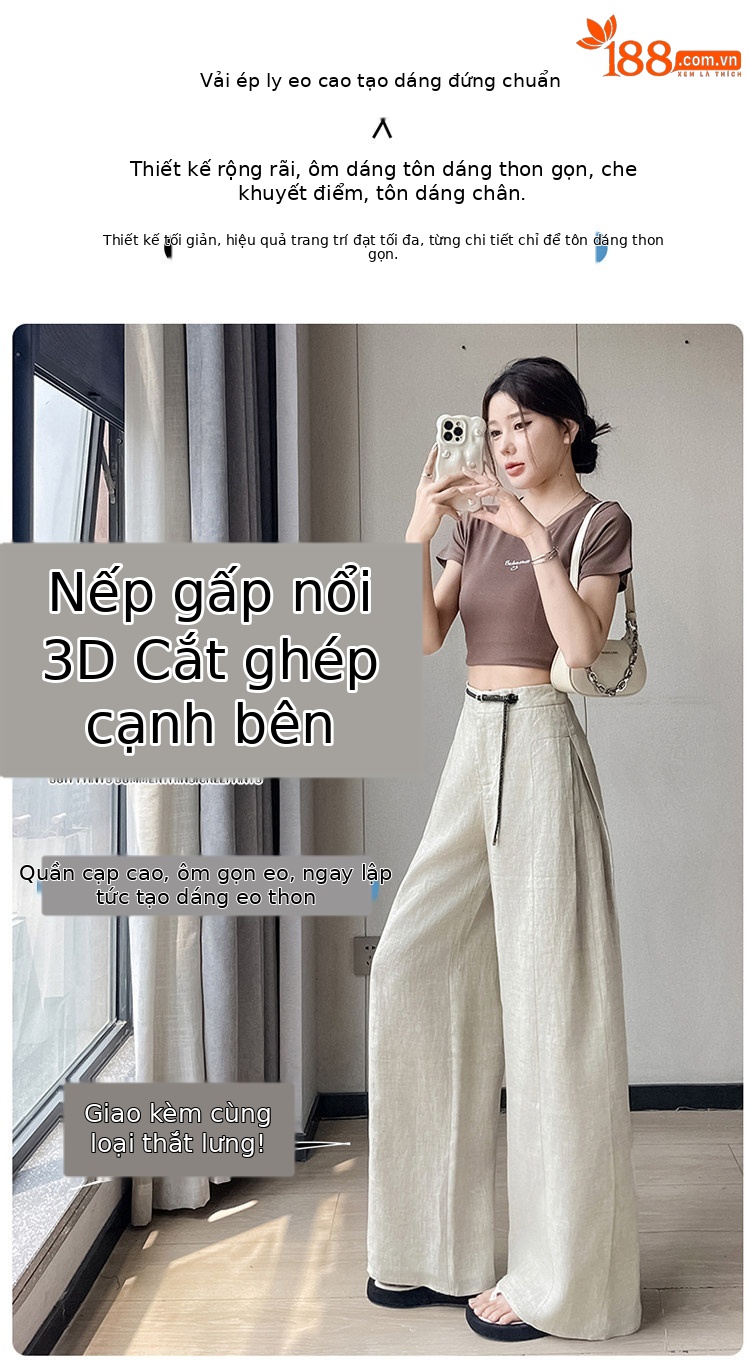 Quần ống rộng nữ chất liệu lanh pha lụa mỏng mùa hè dáng suông dài chạm đất — Màu đen thông thường chi tiết 6