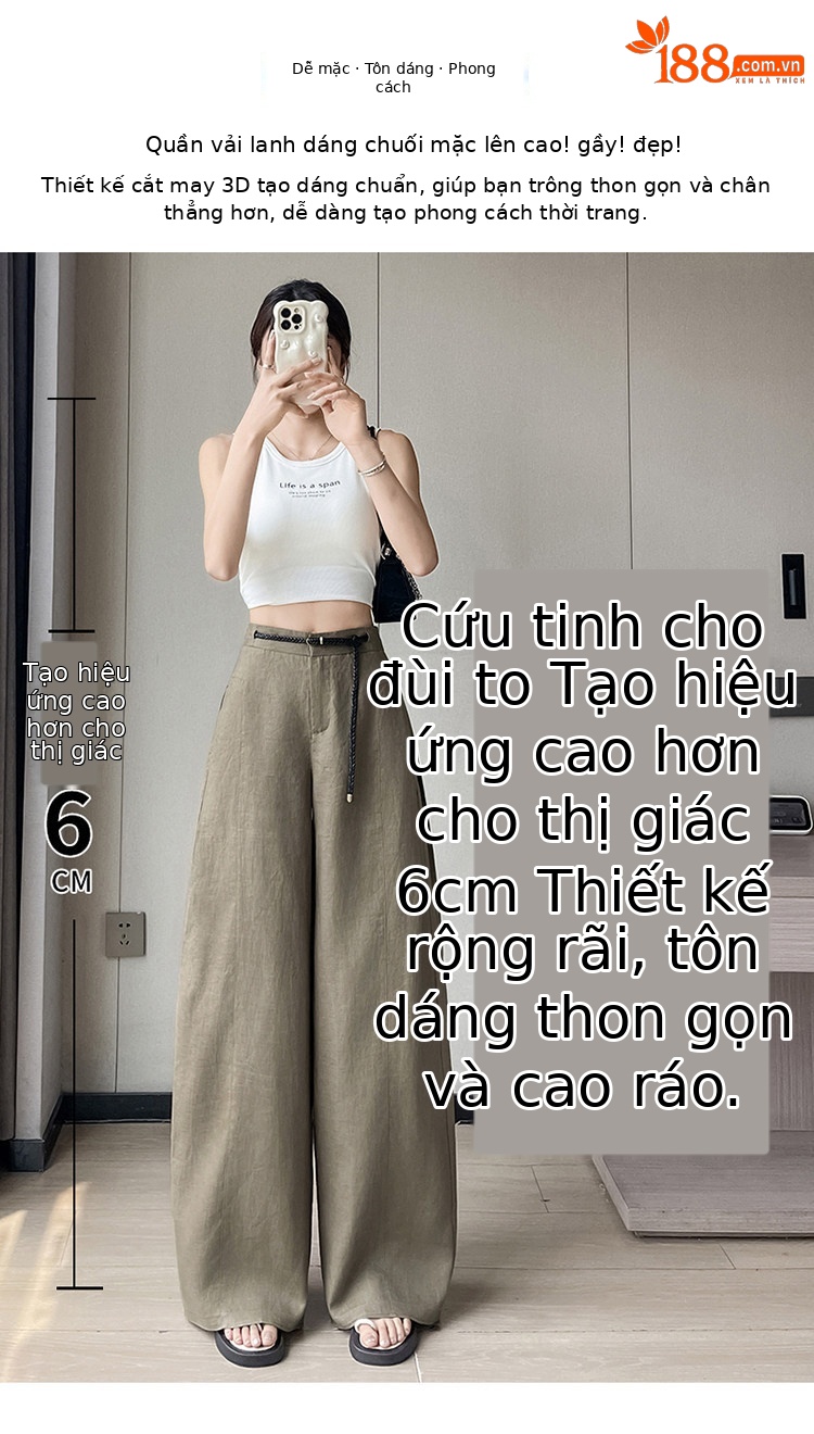 Quần ống rộng nữ chất liệu lanh pha lụa mỏng mùa hè dáng suông dài chạm đất — Màu đen thông thường chi tiết 8