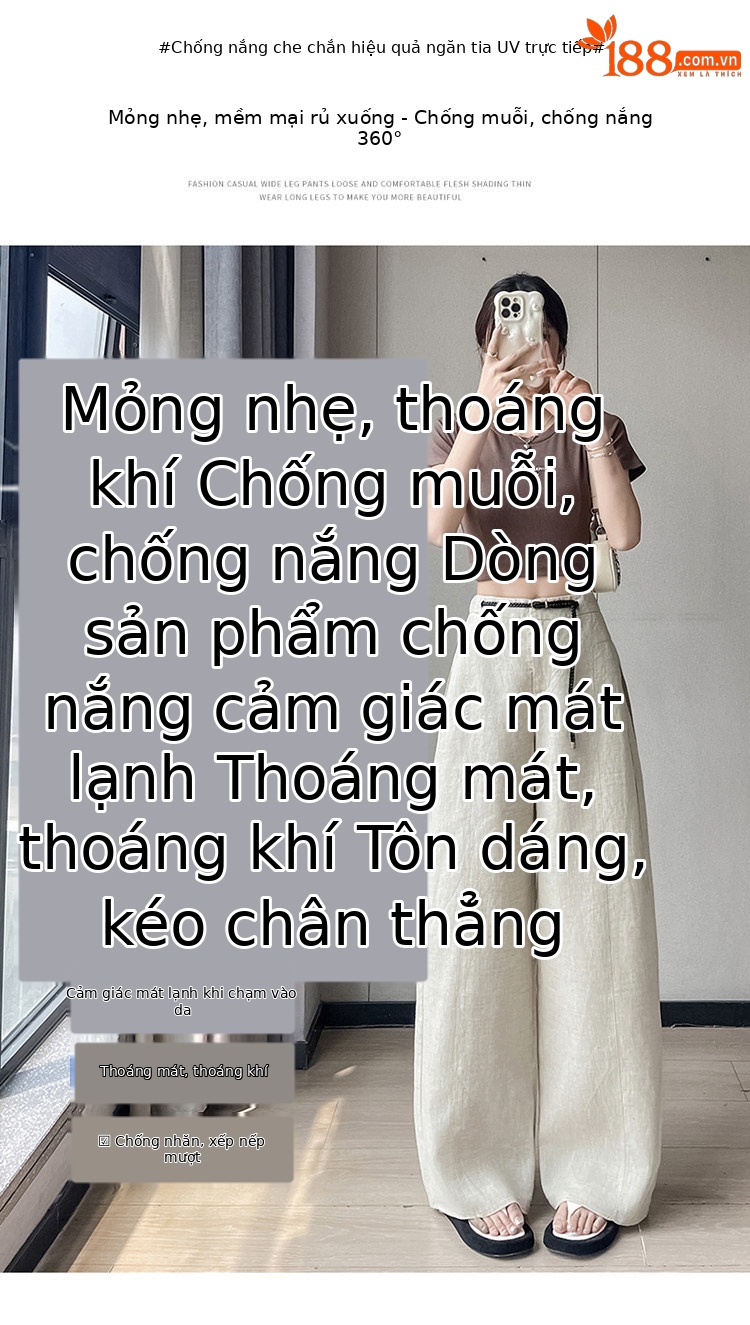 Quần ống rộng nữ chất liệu lanh pha lụa mỏng mùa hè dáng suông dài chạm đất — Màu đen thông thường chi tiết 9