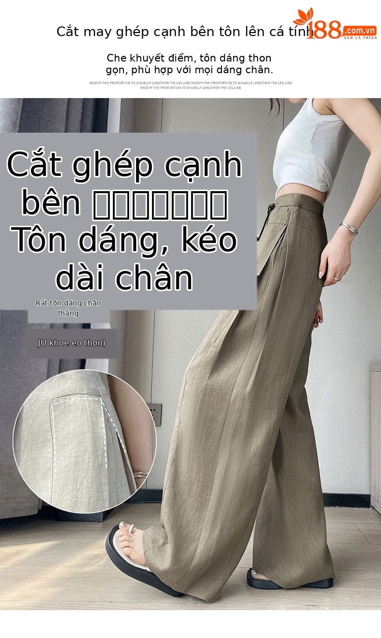 Quần ống rộng nữ chất liệu lanh pha lụa mỏng mùa hè dáng suông dài chạm đất — Màu đen thông thường chi tiết 10