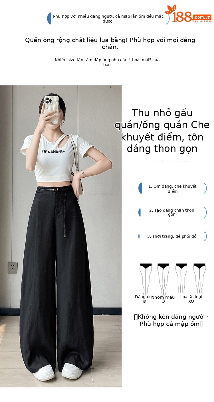 Quần ống rộng nữ chất liệu lanh pha lụa mỏng mùa hè dáng suông dài chạm đất — Màu đen thông thường chi tiết 13
