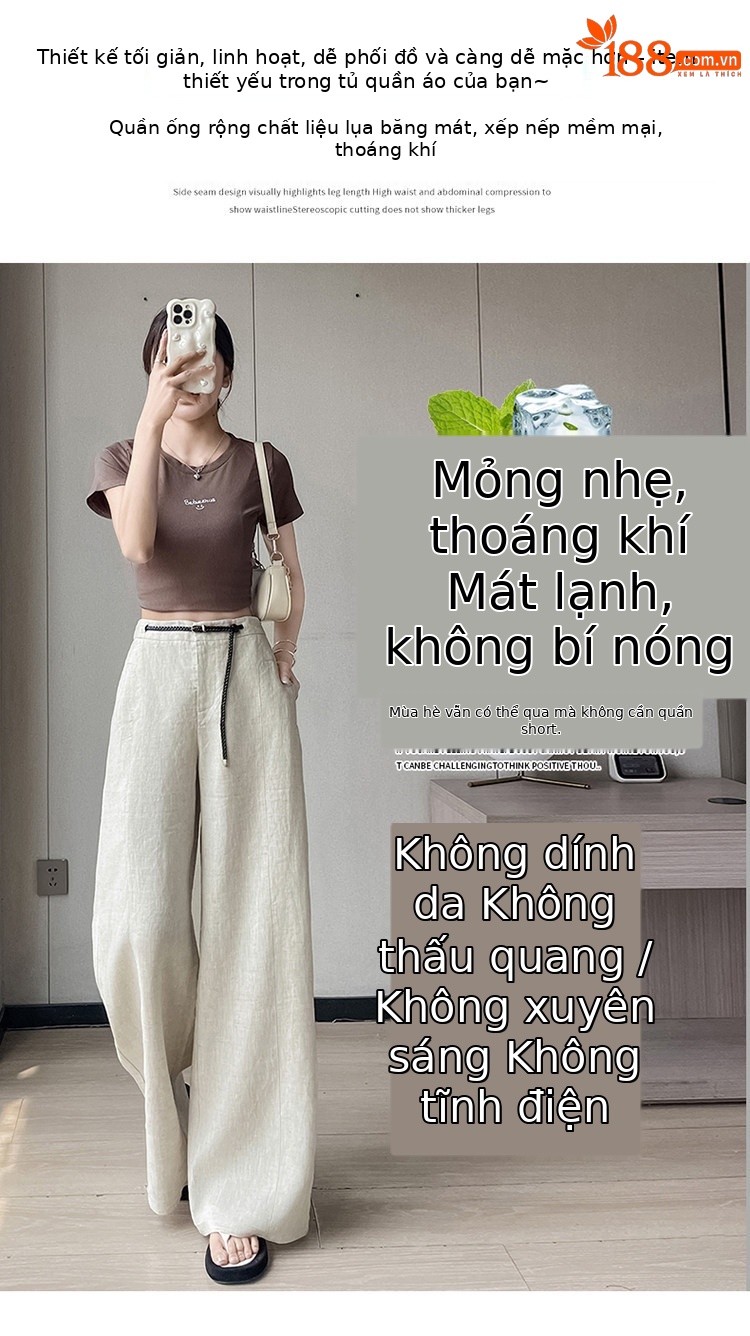 Quần ống rộng nữ chất liệu lanh pha lụa mỏng mùa hè dáng suông dài chạm đất — Màu đen thông thường chi tiết 14