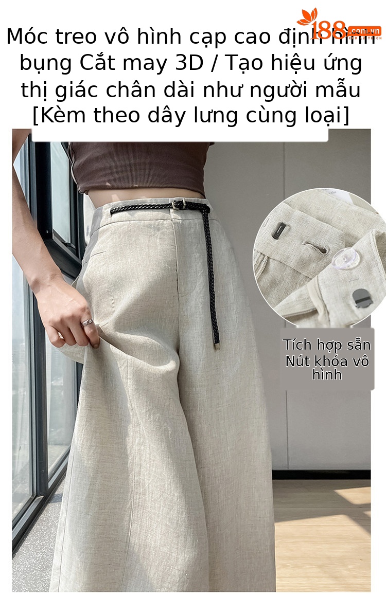 Quần ống rộng nữ chất liệu lanh pha lụa mỏng mùa hè dáng suông dài chạm đất — Màu đen thông thường chi tiết 15