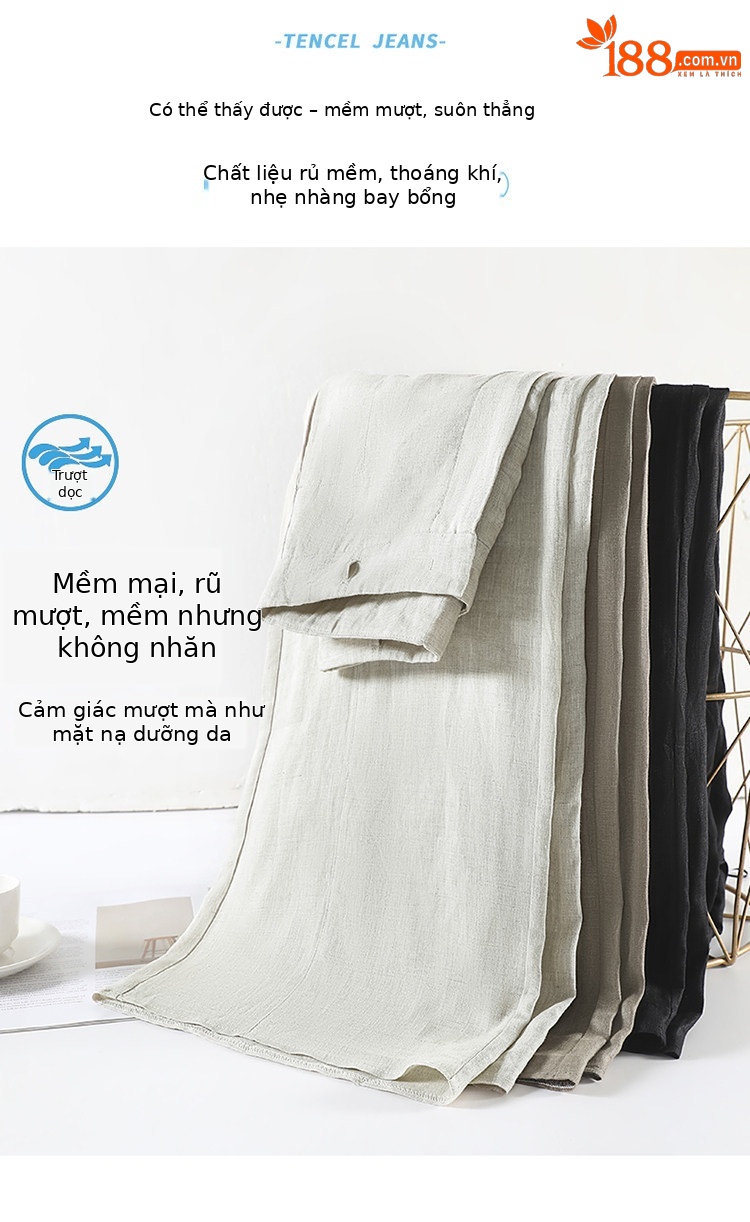 Quần ống rộng nữ chất liệu lanh pha lụa mỏng mùa hè dáng suông dài chạm đất — Màu đen thông thường chi tiết 18