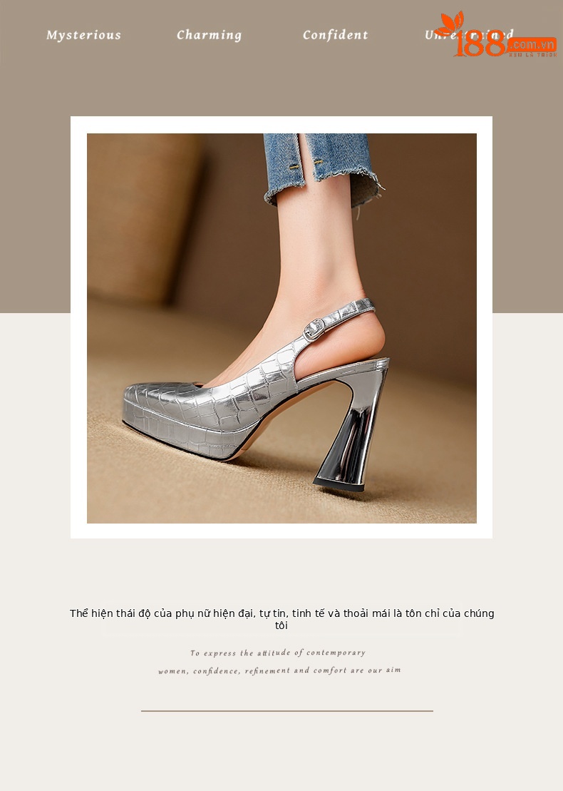 Sandal cao gót nữ mũi nhọn bít gót 10 cm, đế platform, da thật đi làm 2026 — màu trắng ngà, bạc chi tiết 2