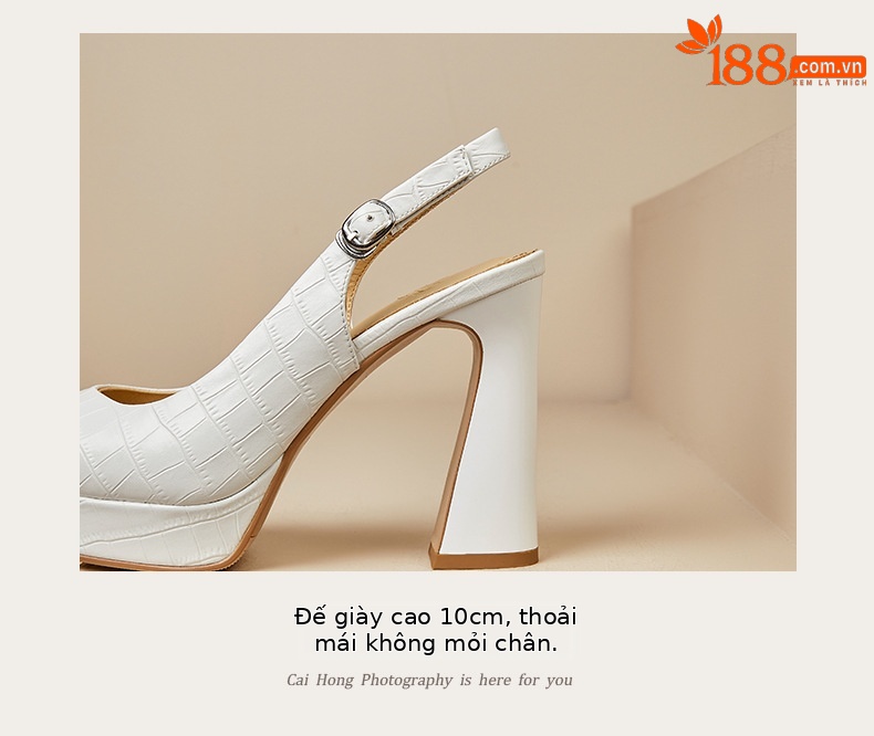 Sandal cao gót nữ mũi nhọn bít gót 10 cm, đế platform, da thật đi làm 2026 — màu trắng ngà, bạc chi tiết 6