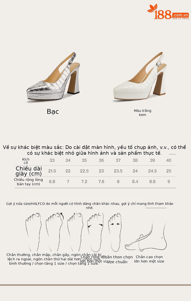 Sandal cao gót nữ mũi nhọn bít gót 10 cm, đế platform, da thật đi làm 2026 — màu trắng ngà, bạc chi tiết 4