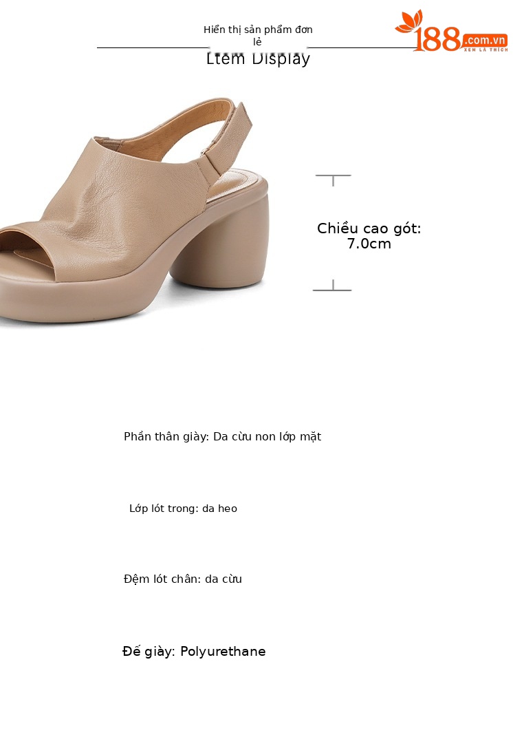 Sandal nữ cao gót mũi hở da cừu quai một từ khóa — màu trắng ngà chi tiết 3