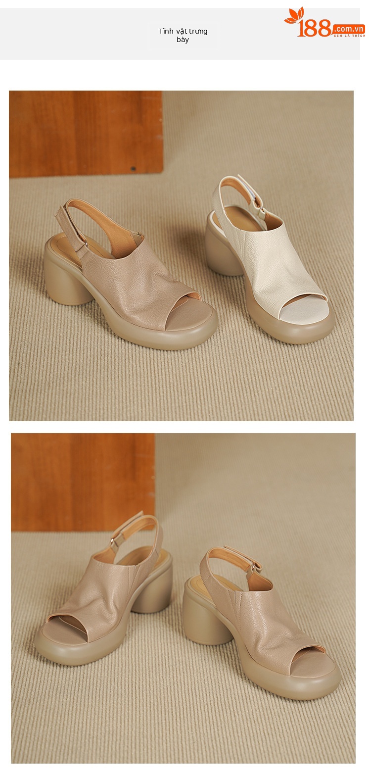 Sandal nữ cao gót mũi hở da cừu quai một từ khóa — màu trắng ngà chi tiết 11