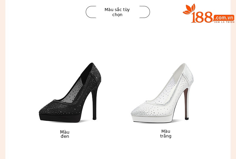 Giày cao gót nữ mũi nhọn da thật đế platform gót siêu cao 12 cm, phối lưới đính đá rhinestone — đen chi tiết 2