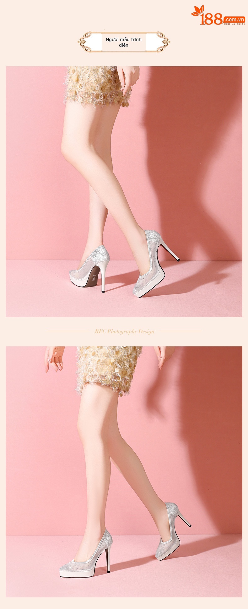 Giày cao gót nữ mũi nhọn da thật đế platform gót siêu cao 12 cm, phối lưới đính đá rhinestone — đen chi tiết 5