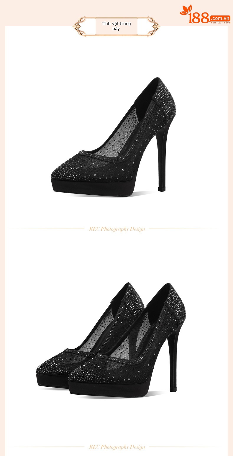 Giày cao gót nữ mũi nhọn da thật đế platform gót siêu cao 12 cm, phối lưới đính đá rhinestone — đen chi tiết 9