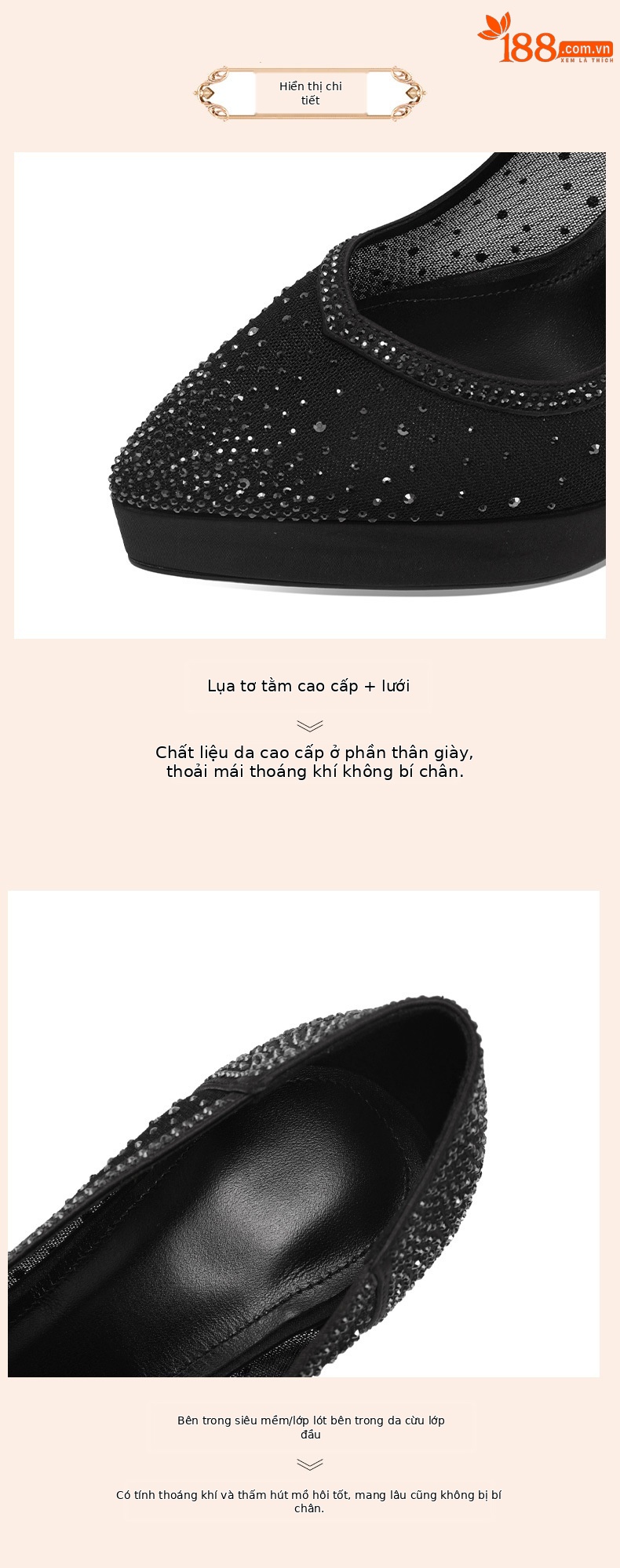 Giày cao gót nữ mũi nhọn da thật đế platform gót siêu cao 12 cm, phối lưới đính đá rhinestone — đen chi tiết 3