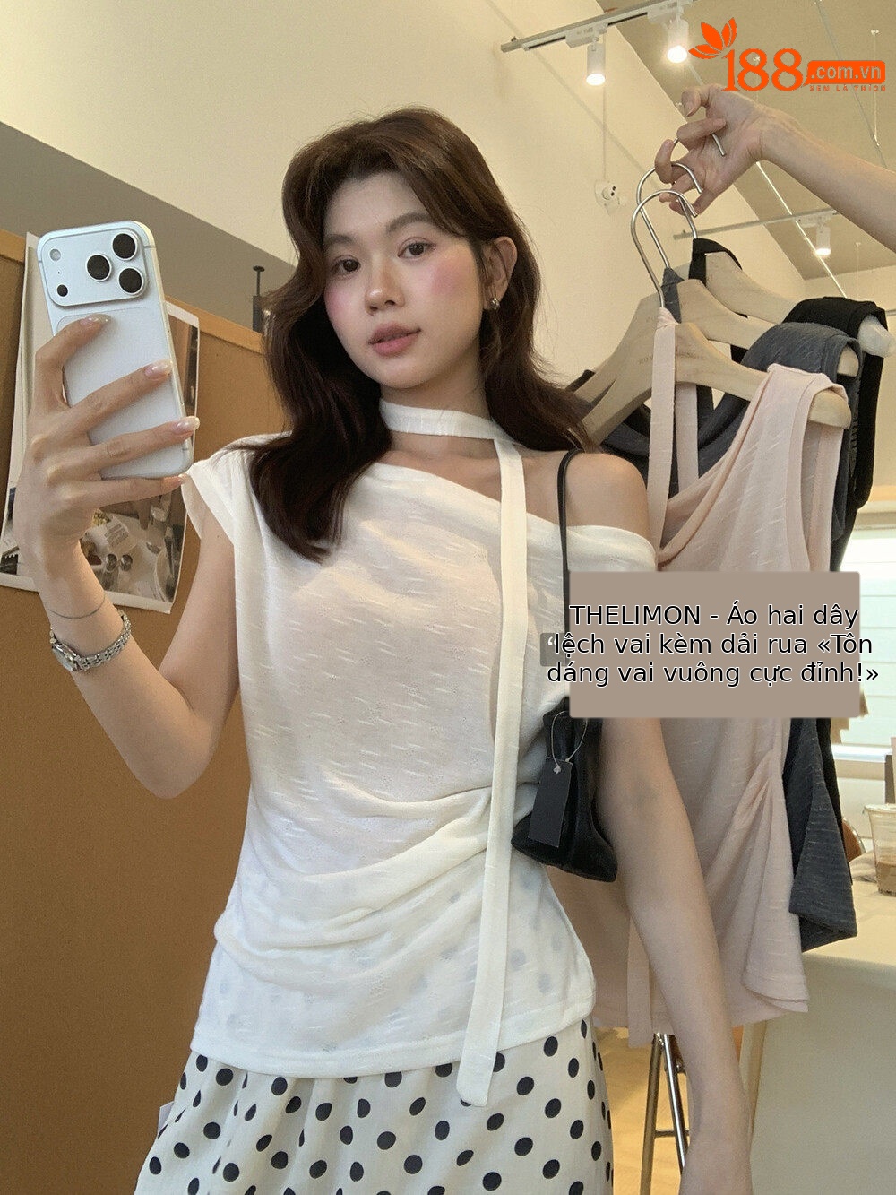 Áo thun nữ thiết kế cổ yếm dây rút eo, tay ngắn, phối dây buộc vai, form ôm nhẹ — màu đen, trắng ngà, Bột cam, màu xám chi tiết 26