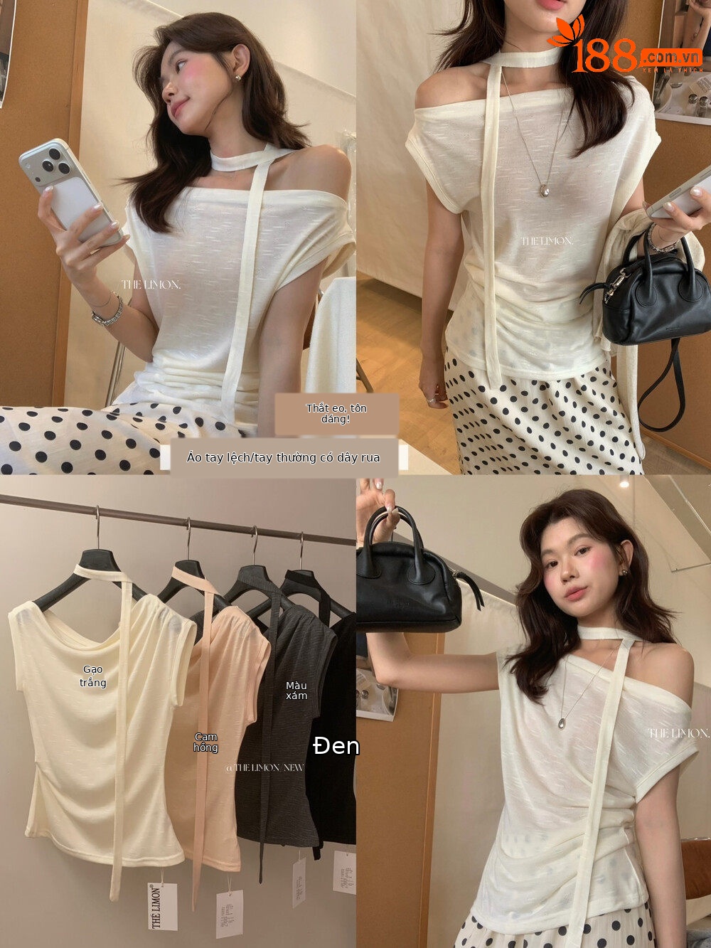 Áo thun nữ thiết kế cổ yếm dây rút eo, tay ngắn, phối dây buộc vai, form ôm nhẹ — màu đen, trắng ngà, Bột cam, màu xám chi tiết 14