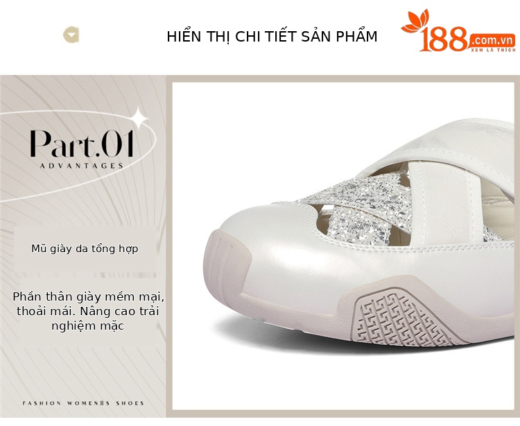 Sandal nữ quai chữ V đính sequin lỗ rỗng, đế mềm thoáng khí, dán Velcro tiện lợi — 6177 Trắng, 6177 Vàng chi tiết 9