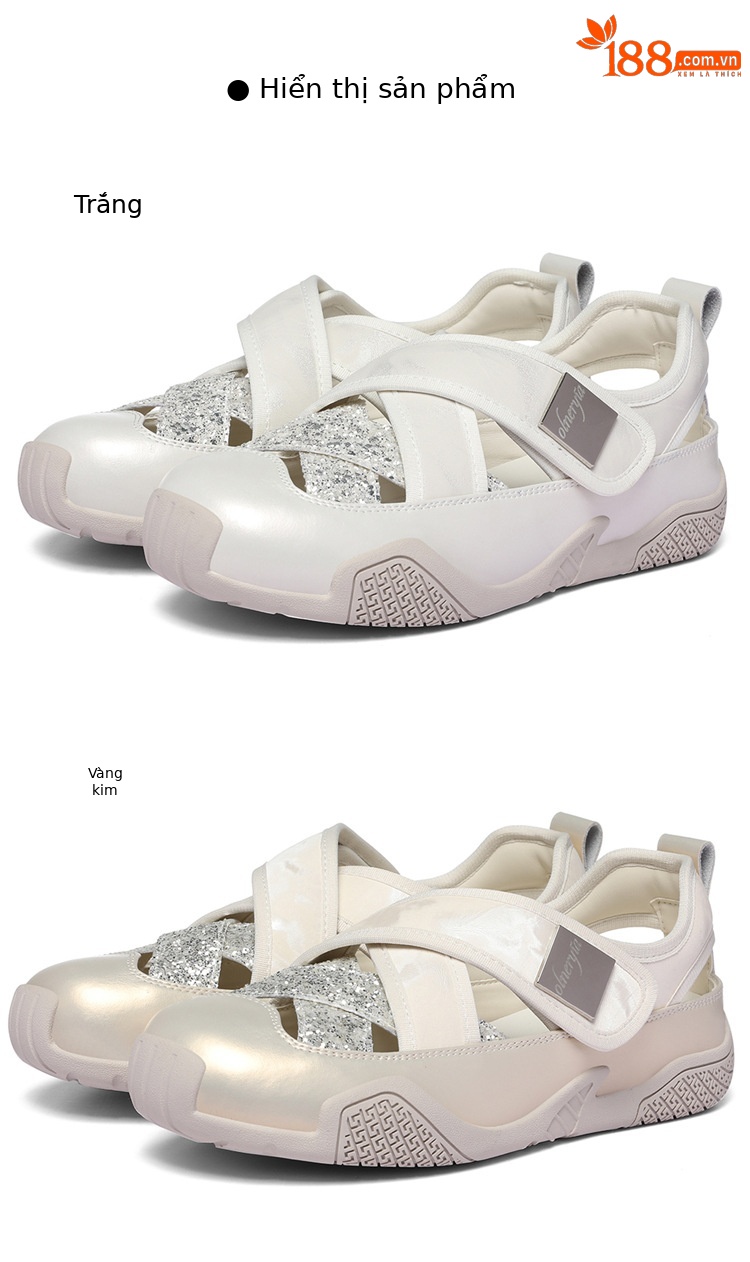 Sandal nữ quai chữ V đính sequin lỗ rỗng, đế mềm thoáng khí, dán Velcro tiện lợi — 6177 Trắng, 6177 Vàng chi tiết 12
