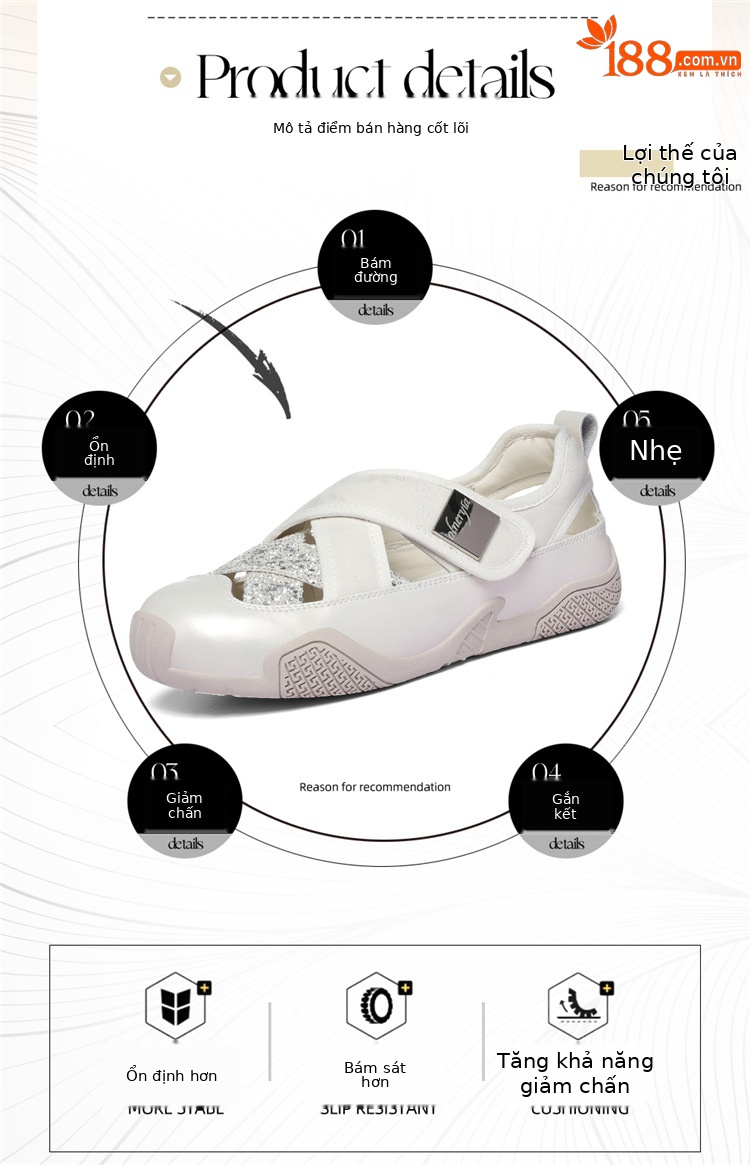 Sandal nữ quai chữ V đính sequin lỗ rỗng, đế mềm thoáng khí, dán Velcro tiện lợi — 6177 Trắng, 6177 Vàng chi tiết 2