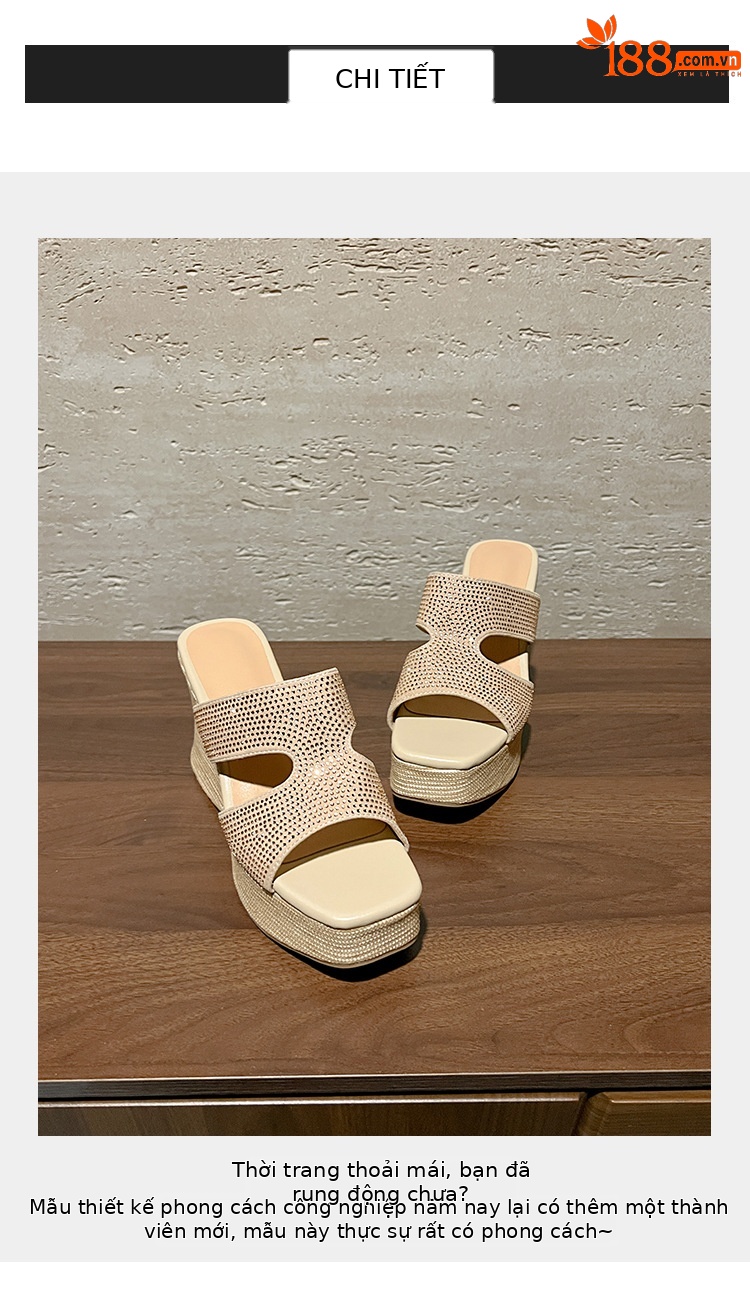 Sandal cao gót nữ đế xuồng đính đá quai ngang — màu đen, màu trắng ngà chi tiết 2