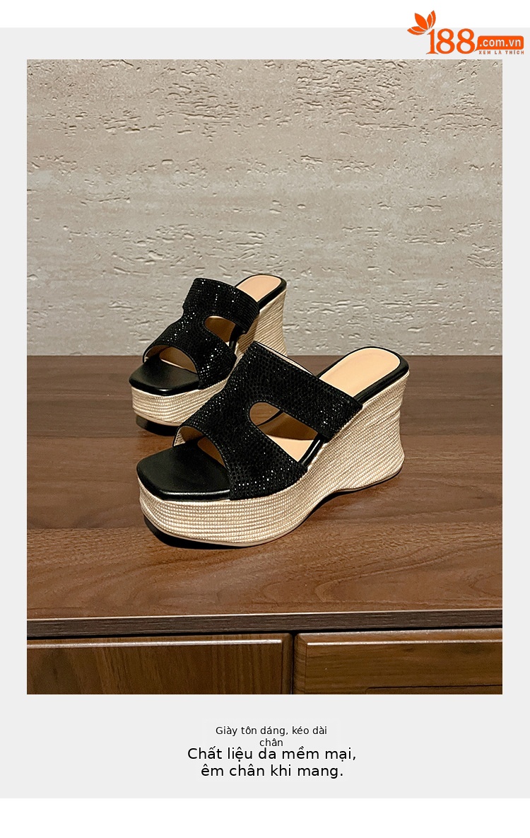 Sandal cao gót nữ đế xuồng đính đá quai ngang — màu đen, màu trắng ngà chi tiết 3