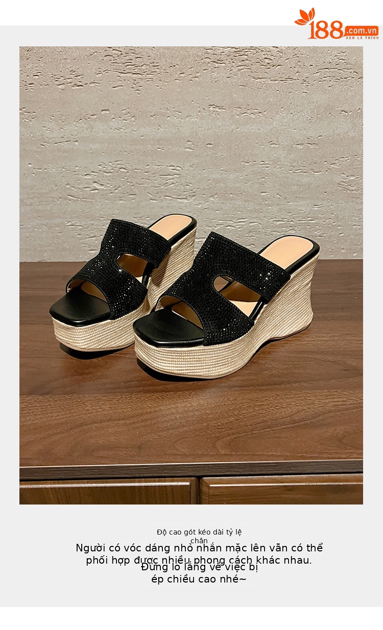 Sandal cao gót nữ đế xuồng đính đá quai ngang — màu đen, màu trắng ngà chi tiết 6
