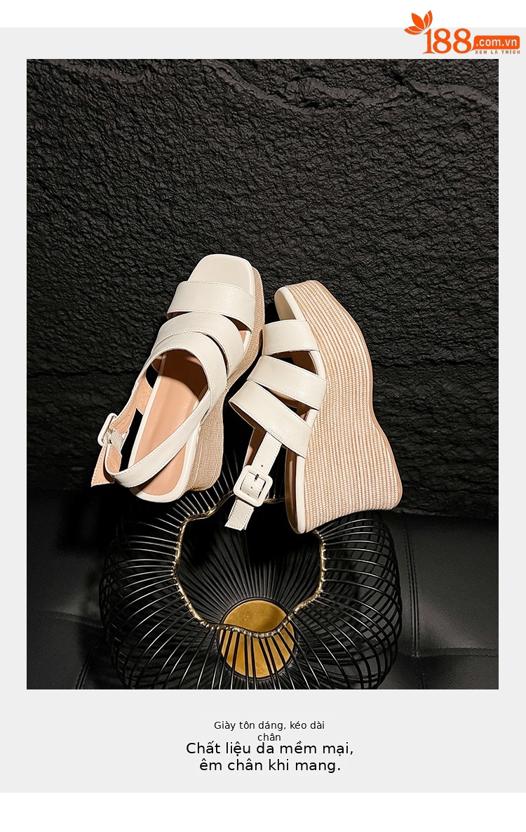 Sandal cao gót nữ hở mũi quai ngang đế xuồng da thật — màu đen, màu trắng ngà chi tiết 3